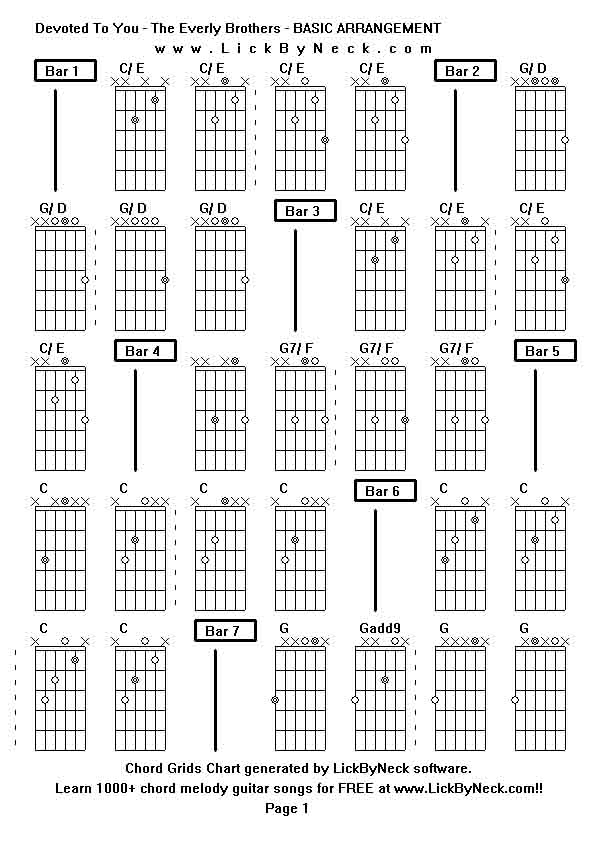 Chord Grids Chart of chord melody fingerstyle guitar song-Devoted To You - The Everly Brothers - BASIC ARRANGEMENT,generated by LickByNeck software.